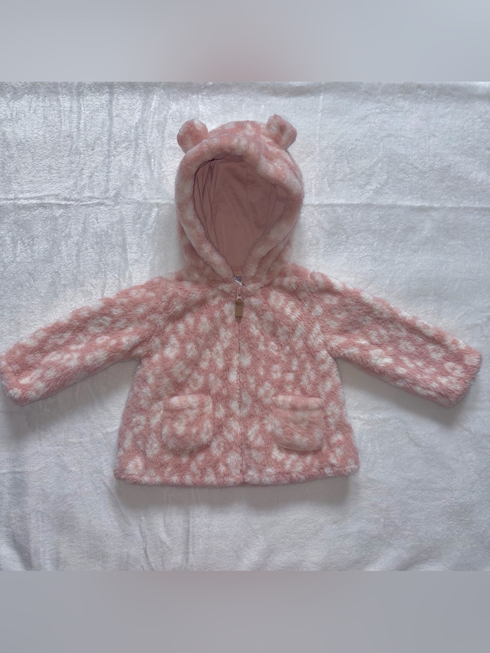 Baby Girl 12M Faux Sherpa Jacket - Pink Leopard Print Zip Up W/ Bear Ears Hood